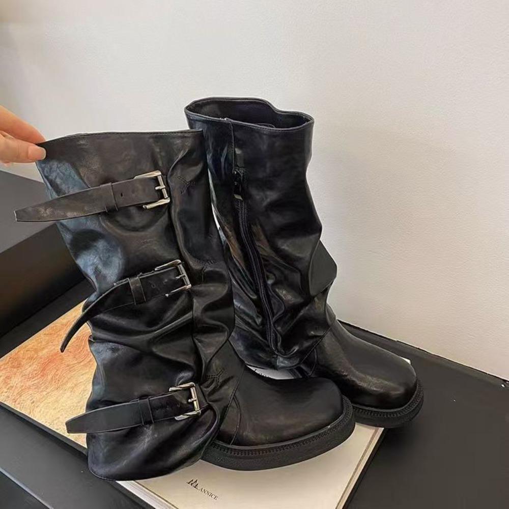 Designer Autumn Winter Vintage Woman Knight Knee High Boots Shoes Ladies Elegant Thick Low Heel Belt Buckle Western Cowboy Botas