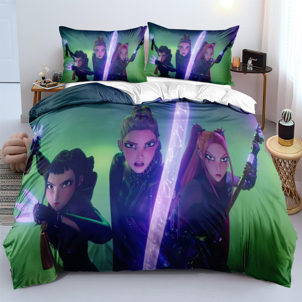 3pcs KPop Demon Hunters Bedding Set Anime Print Boys Girls Three Piece Multi Size Quilt Cover Pillow Cover Bedroom Decoration