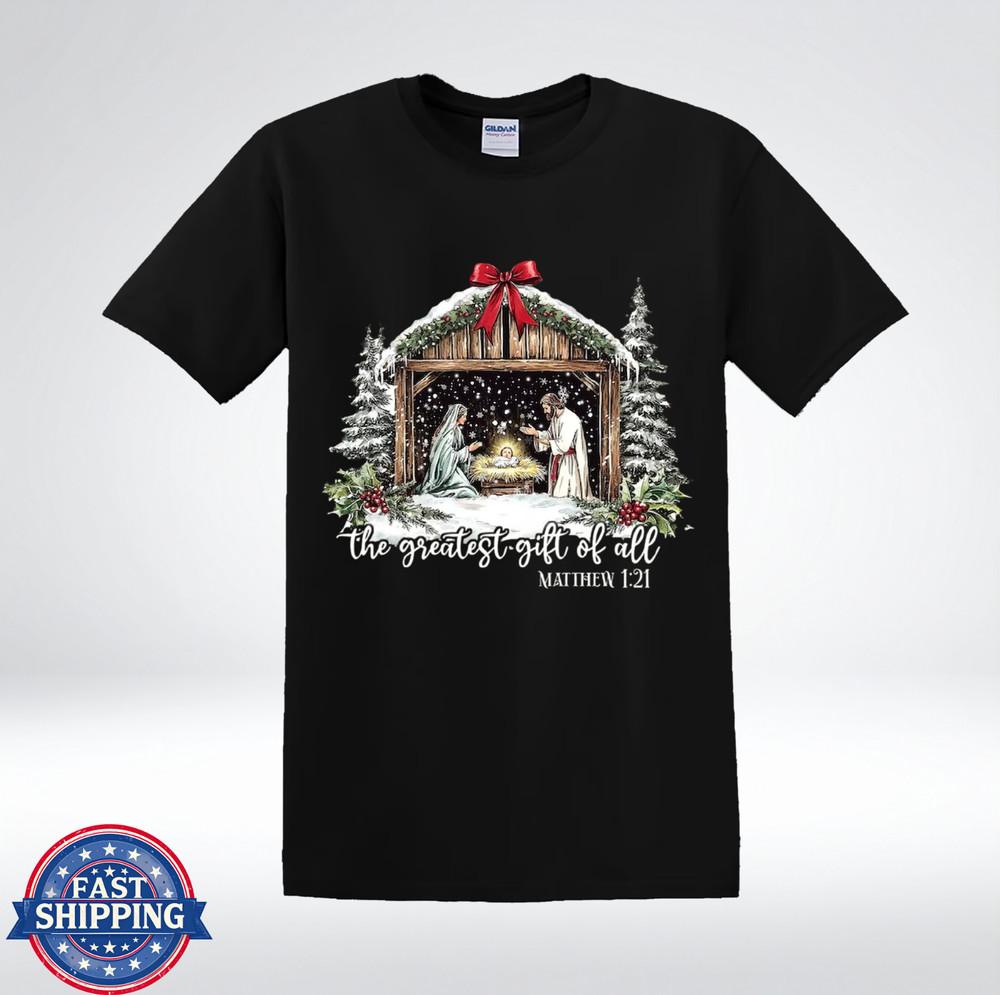 Christmas Nativity Snowy Manger Scene Matthew 1:21 Faith Graphic T-Shirt M