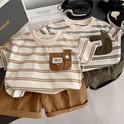 Children's Short Sleeved Round Neck Striped T-Shirt and Casual Shorts Set, Fashion Clothes, Summer,  0-5 Years Old