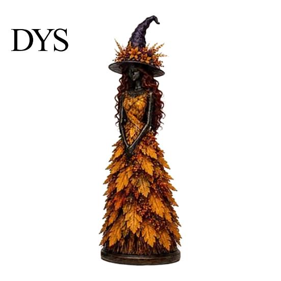 Spooky Halloween Party Decoration Autumn Witch Figurine, Fall Tabletop Statue with Leaf Harvest Home Decor Gown, Seasonal Resin for Mantel Shelf
