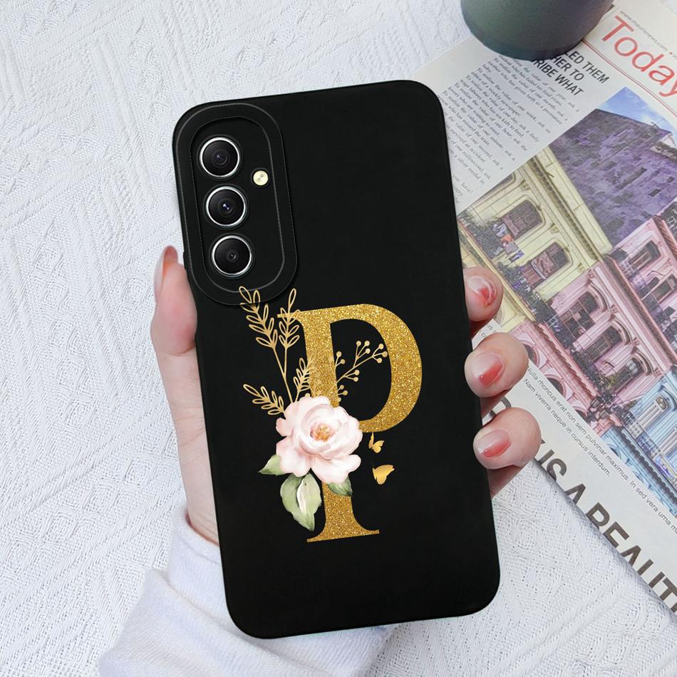 Phone Case For Samsung Galaxy A34 A33 A32 Elegant Rose Letter Soft Liquid Silicone Sqare Back Cover For Samsung A 34 33 32 Shell