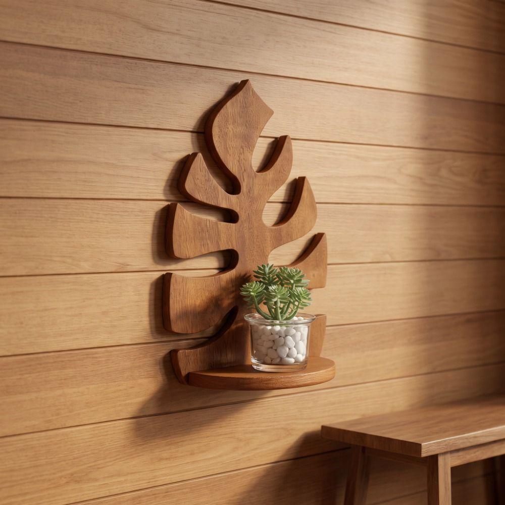 Hanging Floating Wall Mounted Wooden Shelf Hollow Out Leaf Shape Wall Display Stand Geometric Window Shape Wall Storage Rack