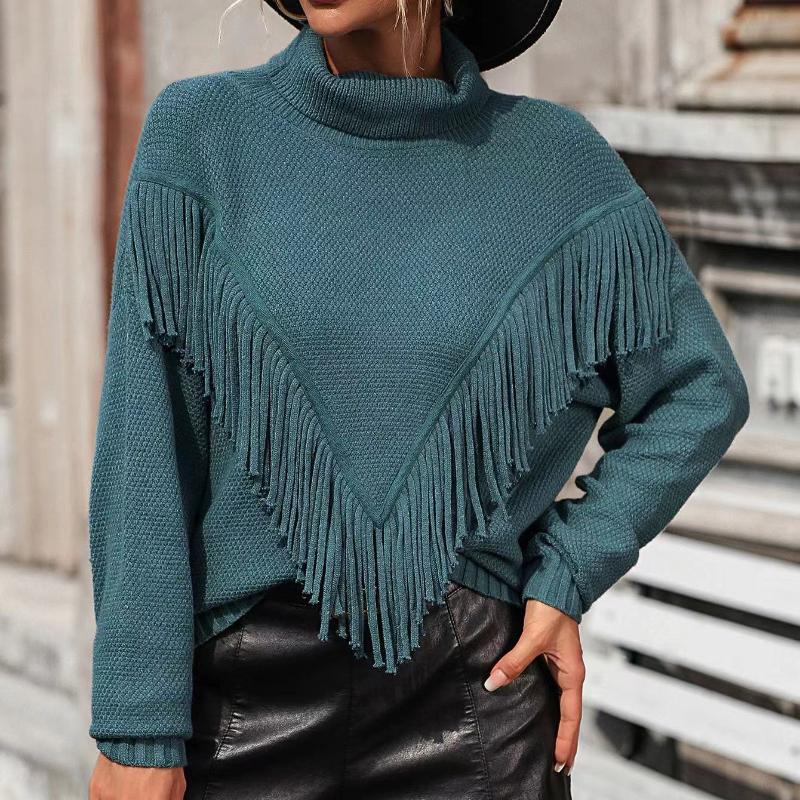 IHUASU Autumn and Winter Women's Loose Tassel Sweater Knit High Neck Sweater