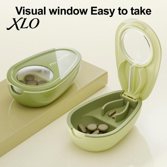 Portable Pill Container Box with Cutter, Stainless Steel Blade Compact Weekly Medication Case, Lightweight Large Capacity Dispenser for Daily