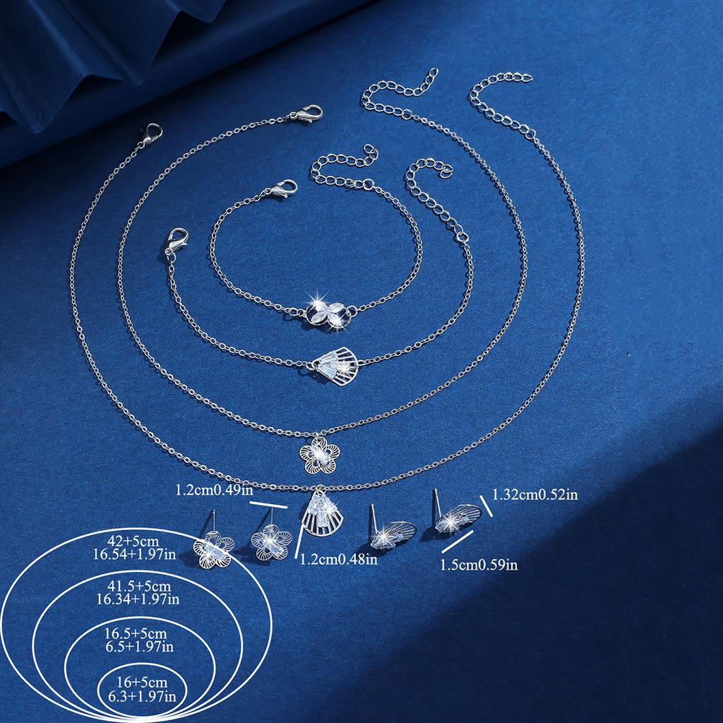 Copper Jewelry Women'S Light Luxury Simple Style Zircon Necklace Earrings Bracelet Ring Four-Piece Set