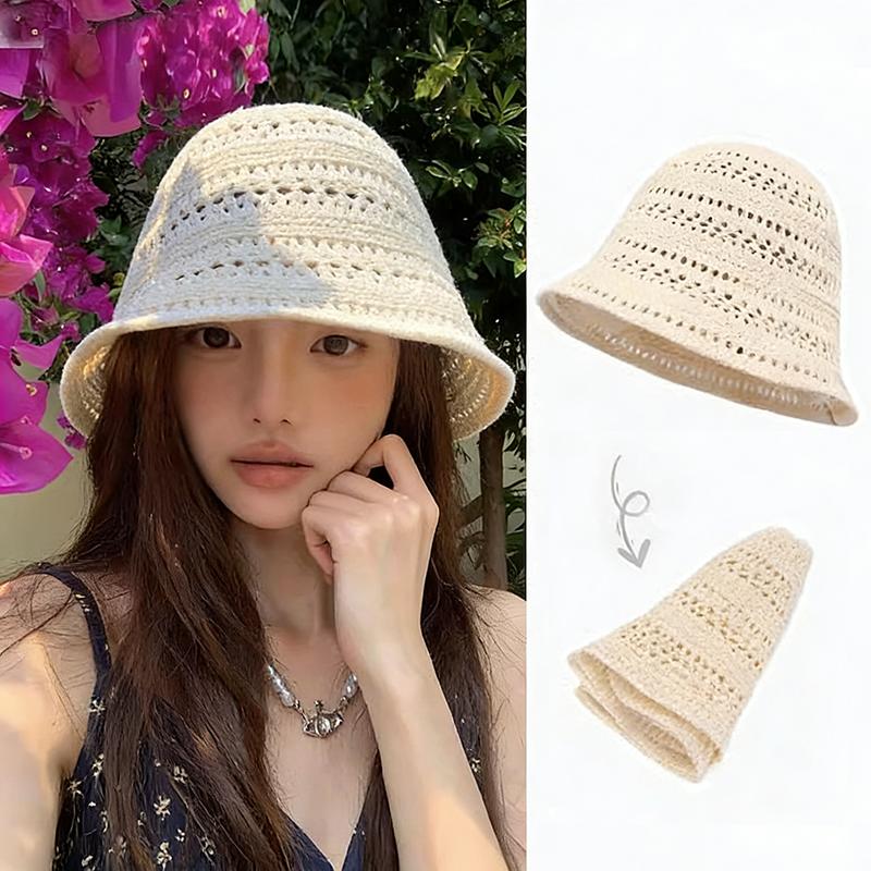 Women Summer Bucket Hat Summer Hollow Out Thin Breathable Sun Hats Beach Panama Cap Fold Outdoor Japanese Lesure Fishierman Cap