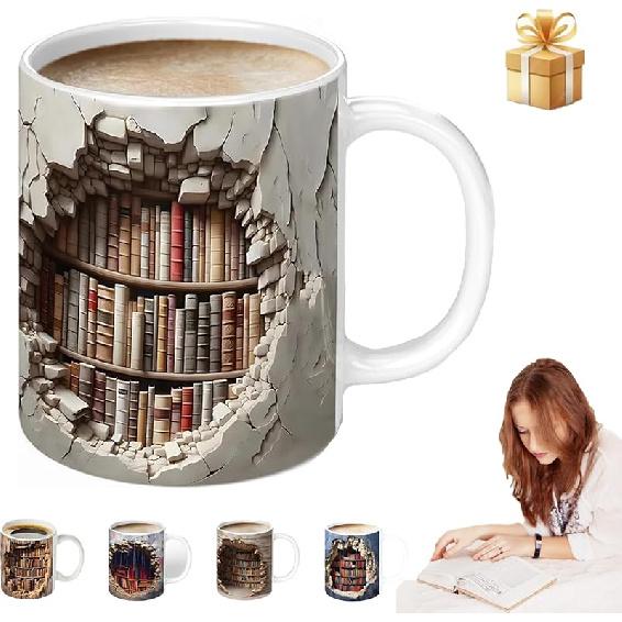 Library Bookshelf Mug, Bookshelf Design Ceramic Coffee Cup with 3D Visual Effect, Book Lovers Gifts for Readers, Librarians, Writers & Book Clubs, светло-серый