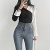 Women's Khaki White Color Block Asymmetric V-Neck Blouse Long Sleeve Cuff Detail Casual Slim Top