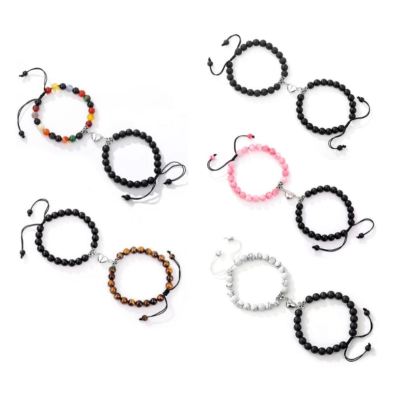 2 Pieces Natural Stone Beads Magnetic Bracelet Couple Connecting Bracelet Valentine's Day Gift for Couple Him and Her