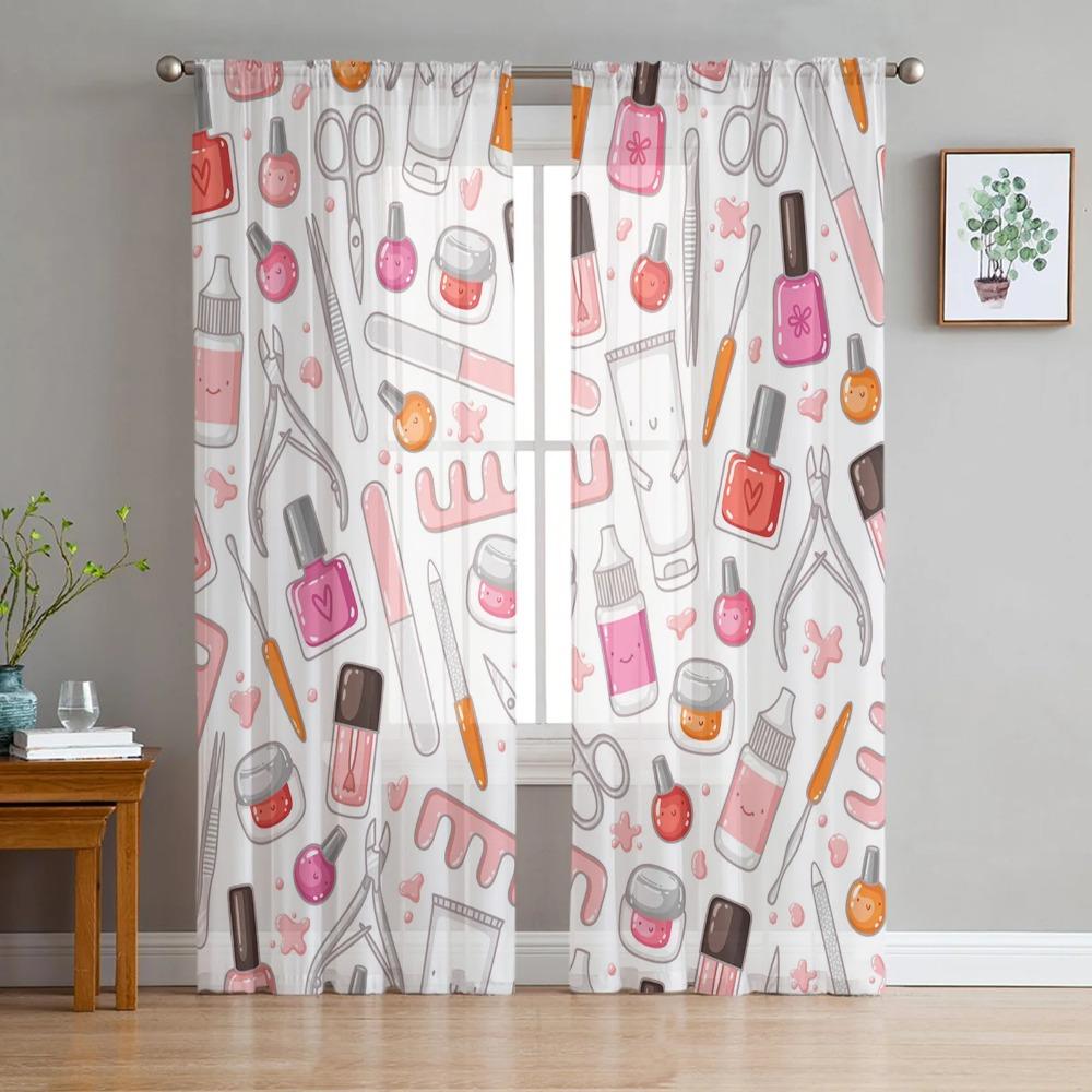 Woman Cosmetics Nail Polish Tulle Curtains for Living Room Decoration Modern Chiffon Sheer Voile Kitchen Bedroom Window Curtain