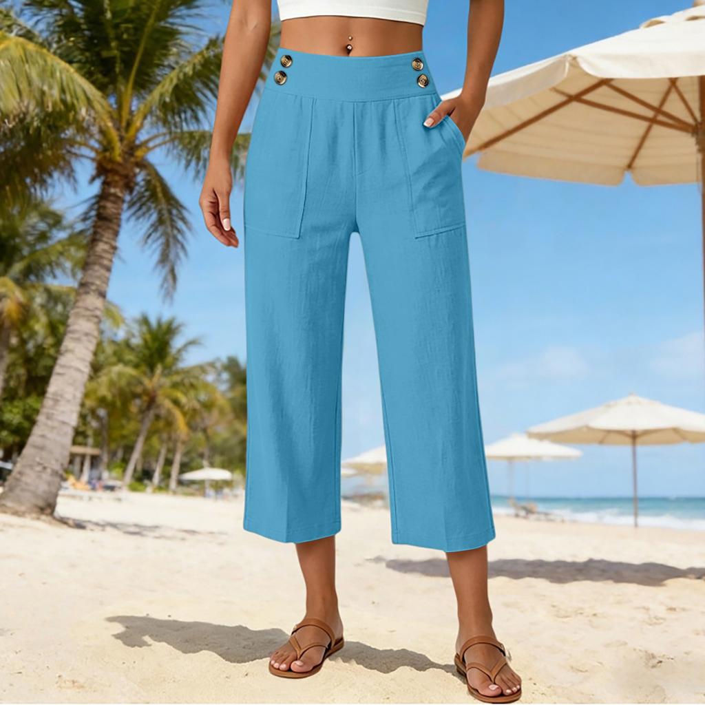 Women's Loose Fit Solid Color Straight Leg Elastic Waist Beach Capris Casual Pants with Button Detail and Side Pockets