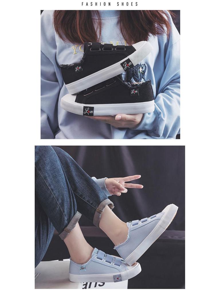 Dámské plátěné tenisky na suchý zip v korejském stylu - Ulzzang trend 2024, ležérní studentské bílé boty