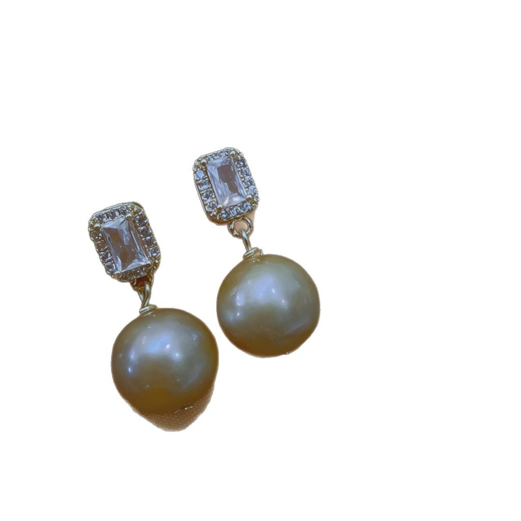 Natural bronze gold Edison pearl pendant earrings earrings stud earrings slightly inlaid zircon elegant versatile earrings simple and beautiful