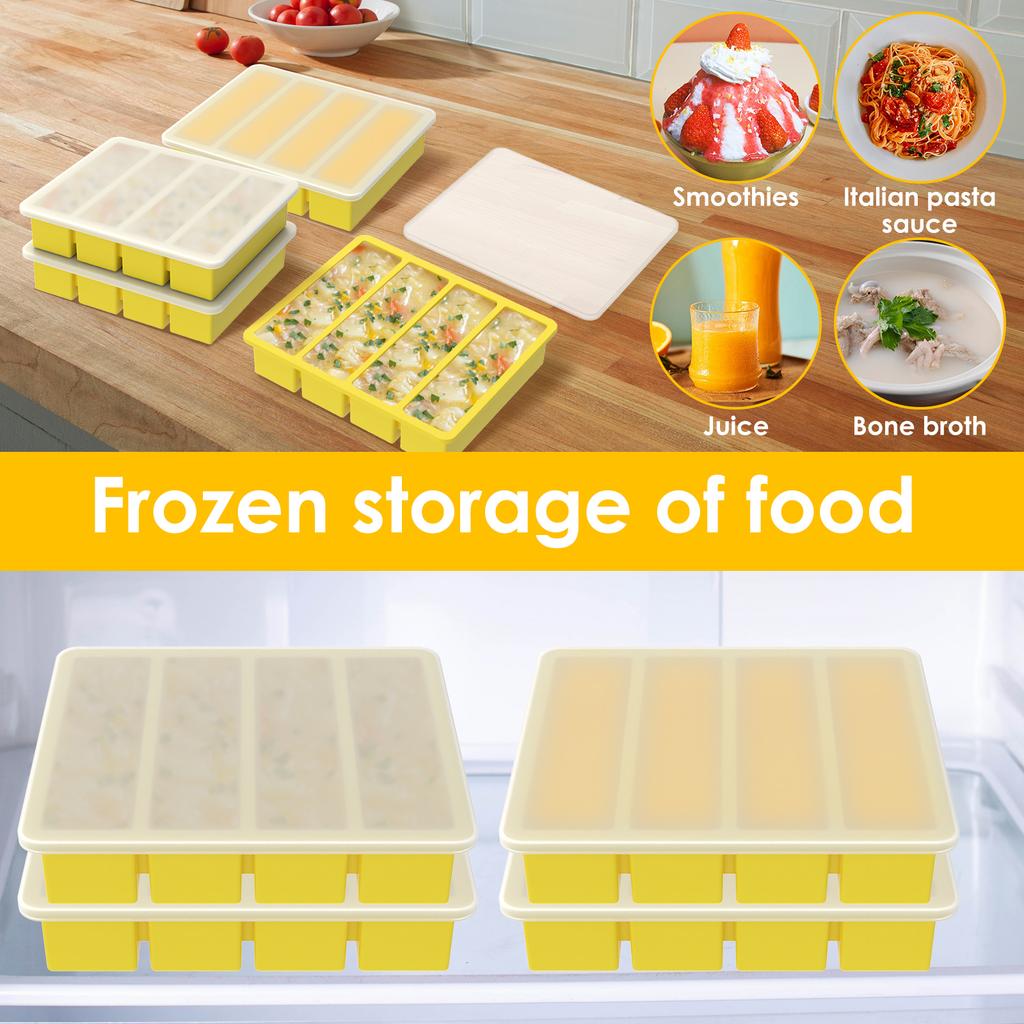 4 Pcs Silicone Freezer Molds Easy Meal Prep Container with Lids Multi-purpose Food Freezer Trays Release Ice Cube Mold for Soups