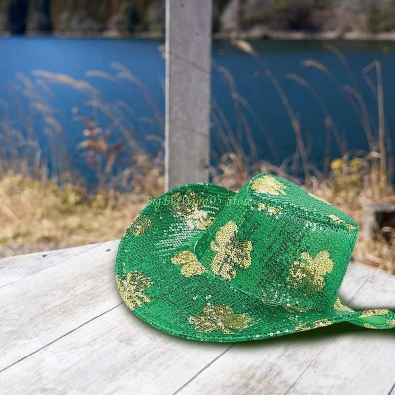 24TE 3Pieces LED Light Up Cowboy Hat Accessory with Sequins Clovers Designs for Patrick's Day Party Costume Accessories
