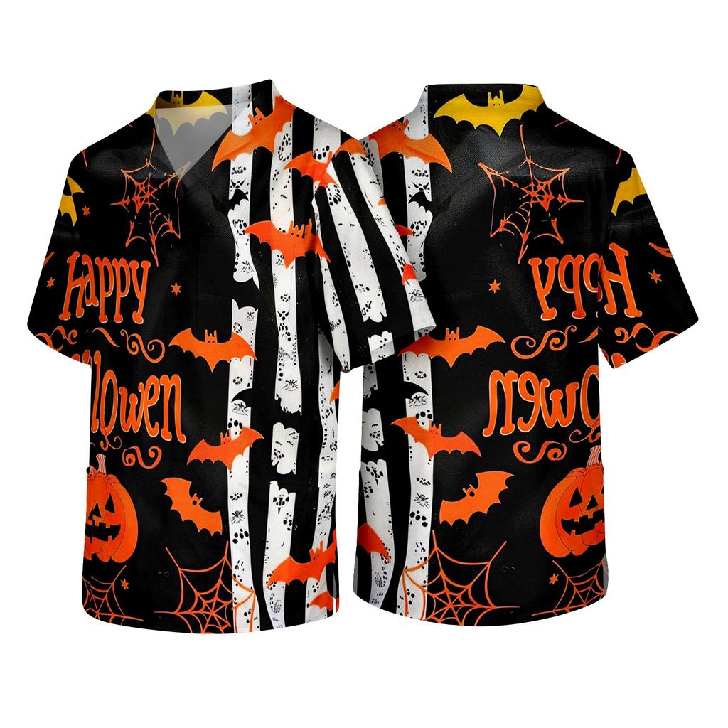 Men's Short Sleeve V Neck Halloween Print Medical Scrub Top with Chest Pocket and Two Lower Pockets Suitable for Healthcare Professionals