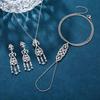 Sterling Silver Pipa Tassel Jewelry Set: Long Dangle Earrings, Necklace, Hand Back Chain.
