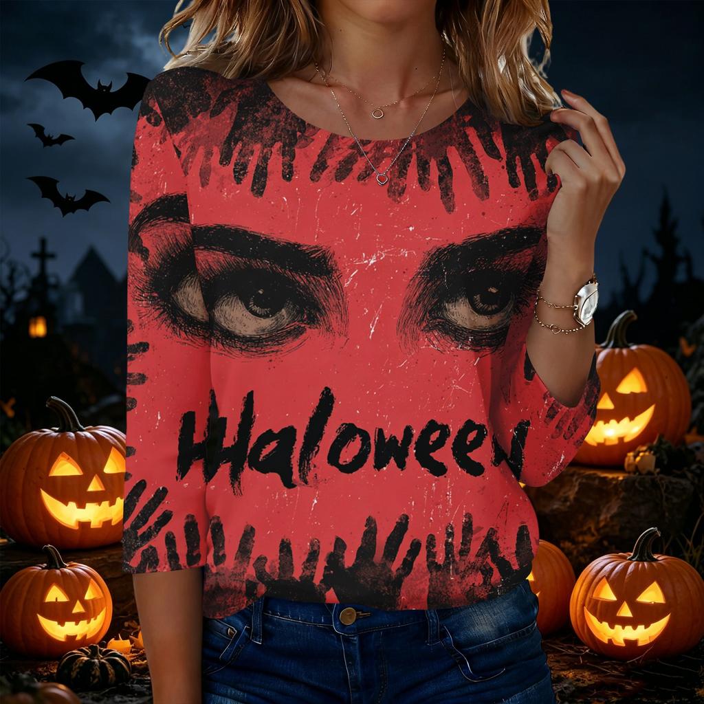 Women's Casual Round Neck Three Quarter Sleeve Halloween Print T Shirt Top Lightweight Comfortable Fit