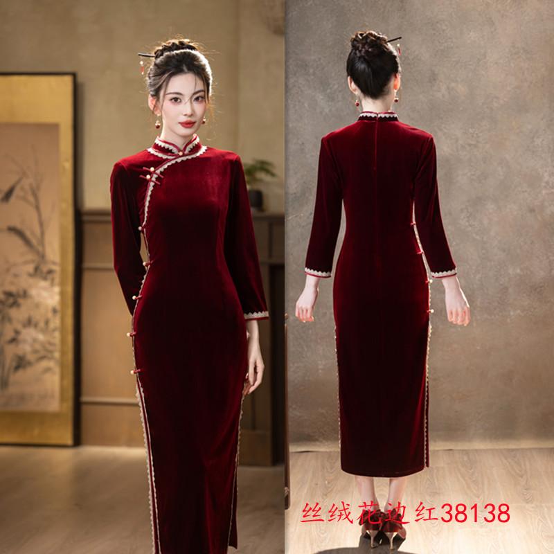 Old Shanghai Vintage Chinese Velvet Lace Long Sleeve Cheongsam 1011 Autumn New Happy Mom Wedding Banquet Toast