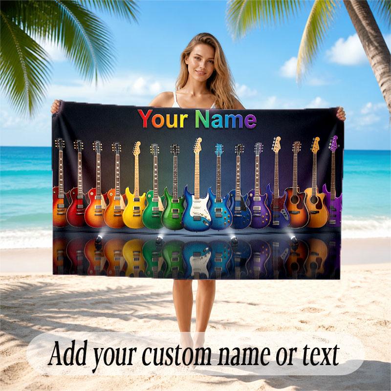 Music Guitar Theme Beach Towel Personalized Custom Name & Text Soft Quick Dry Beach Towel for Swimming Travel