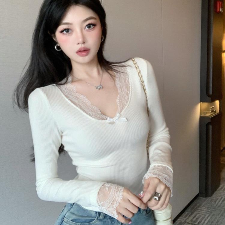 Ny Höst Topp med Rosett och Spetsstickning, Långärmad, Figurnära, Rundhalsad för Kvinnor