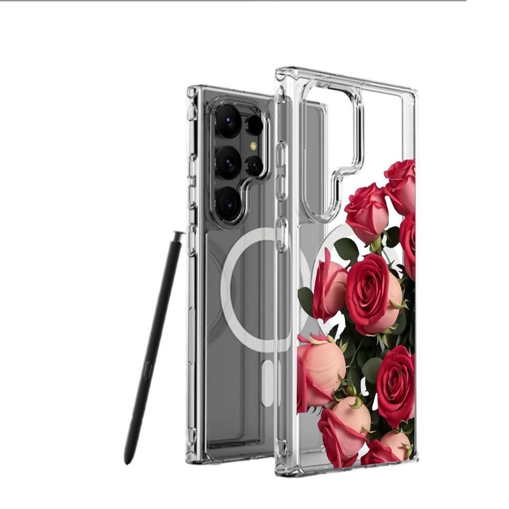 Red Rose Magnetic Transparent Case for iPhone 15/16/17 Pro Max - Full Coverage Pro