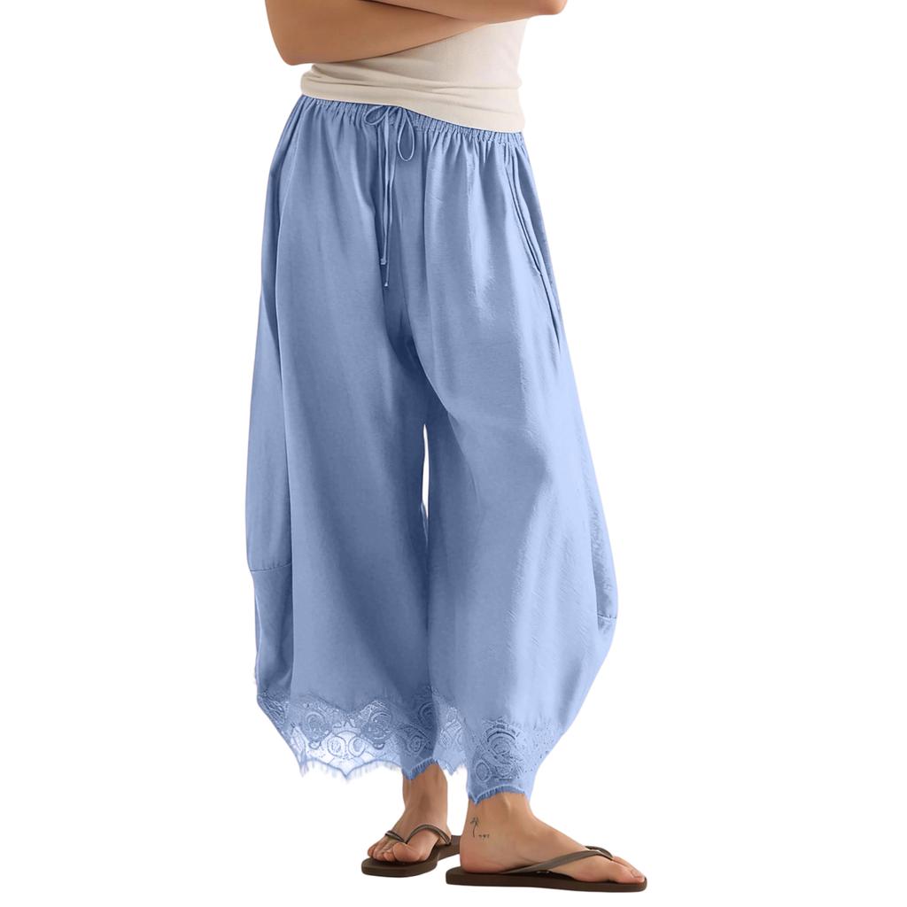 Women's Casual Wide Leg Pants Elastic Waistband Drawstring Bottom Hem Lace Trim Palazzo Trousers for Everyday Wear