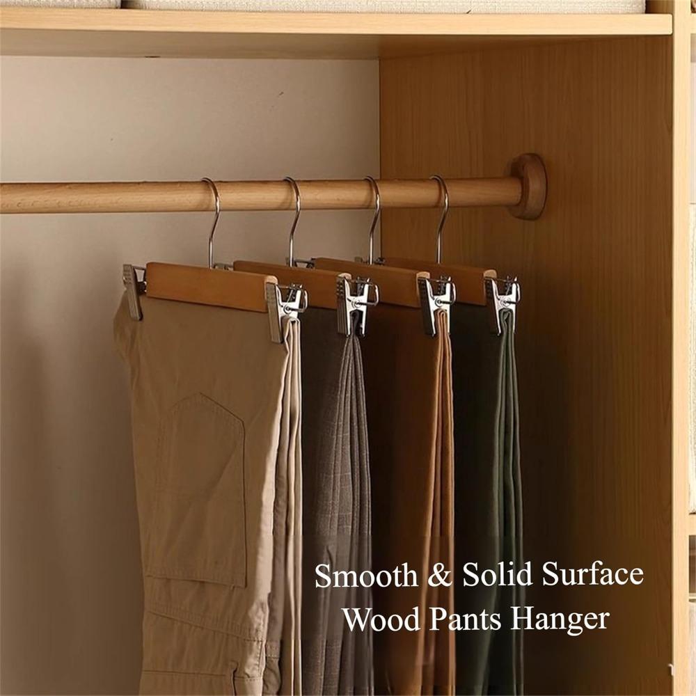 Nature  Solid Wood Deluxe Wooden Pants Hangers Bottom Hanger Jeans Hanger Skirt Hanger with 2-Adjustable Clips Anti-Rust Hook