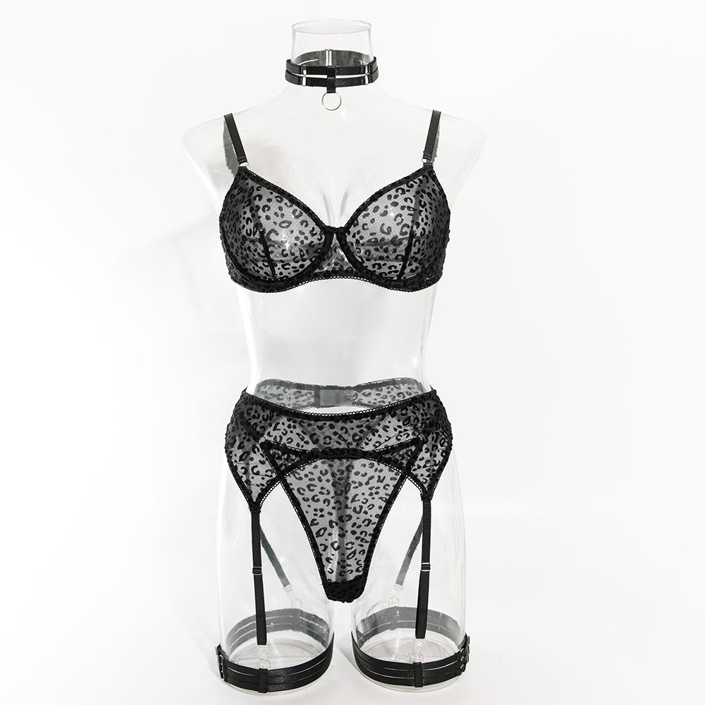 Leopard Sexy Bra Set Women See Through Thin Lingerie Elegant Ladies Underwear Thong Bra and Panty Set