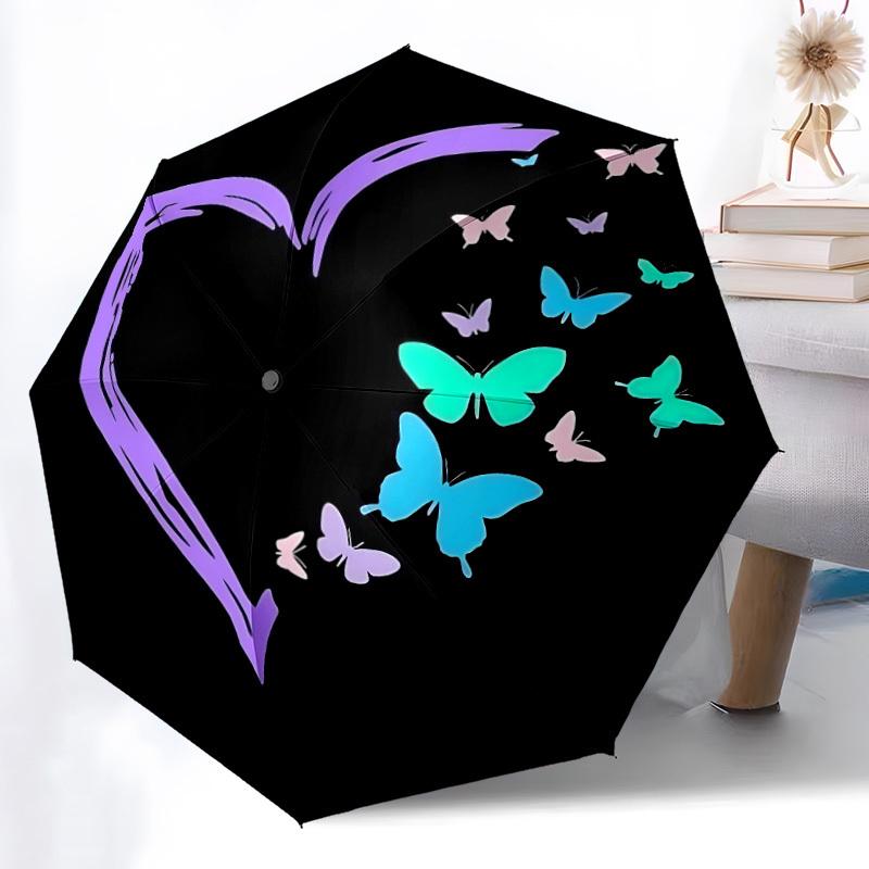 1pc Heart Butterflies Automatic Folding Umbrella - Compact 8-Rib Design, Durable Plastic & Iron, Lightweight for Outdoor Daily Use151