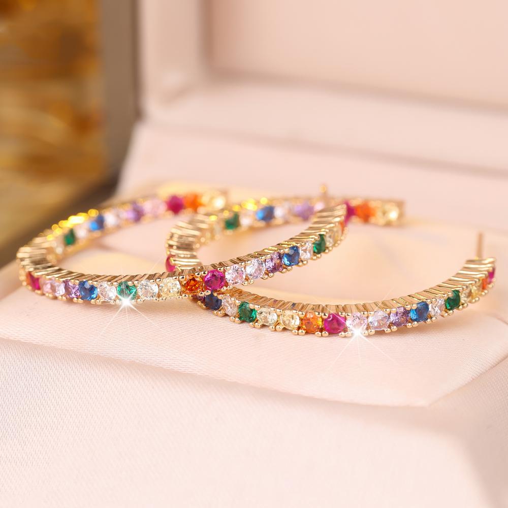 Colorful Gold Tone Hoop Earrings Rainbow Zircon Statement Jewelry Gift for Women Party