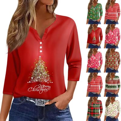 Women's T Shirt Tee Christmas Print Button 3/4 Sleeve Daily Weekend Fashion Basic V Neck Regular Top