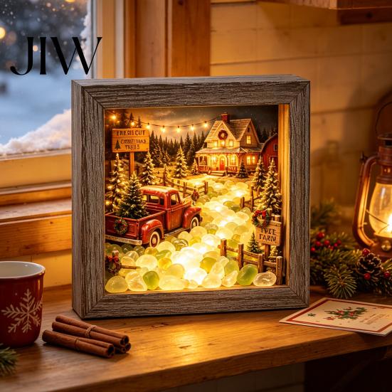 Winter Birthday Present Christmas Snowy Night Light Picture Frame, Vintage Wooden Frame 3D Mini Retro Wood Photo Landscape Lamp, Desktop Atmosphere