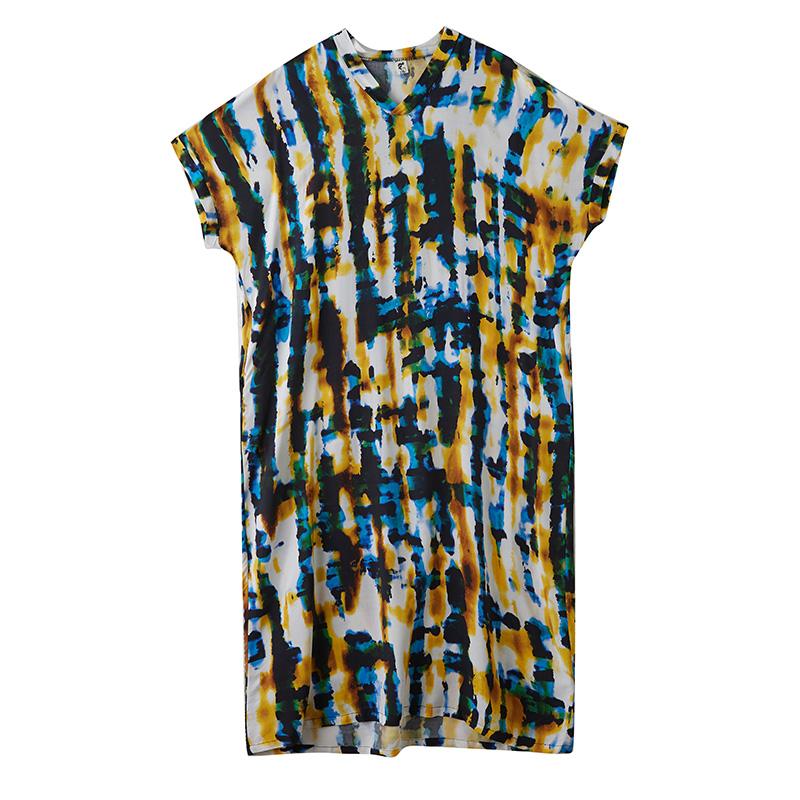 DIMANAF Plus Size New 2025 Women Summer Printing Dress Basic V-Neck Beach Casual Long Fashion Loose Dress