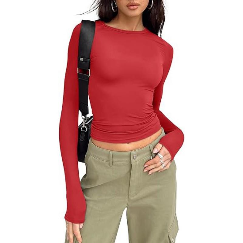 Womens Basic Long Sleeve Top Slim Fit Round Neck Milk Soft Tee Casual Everyday Wear