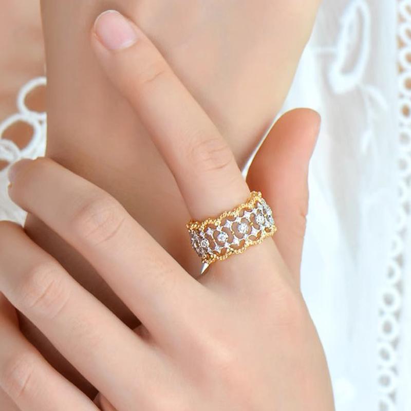 Huitan Gorgeous Hollow-out Design Ring Lady Luxury Wedding Band Fashion Two-tone Style Finger Jewelry Shiny Zirconia Accessories