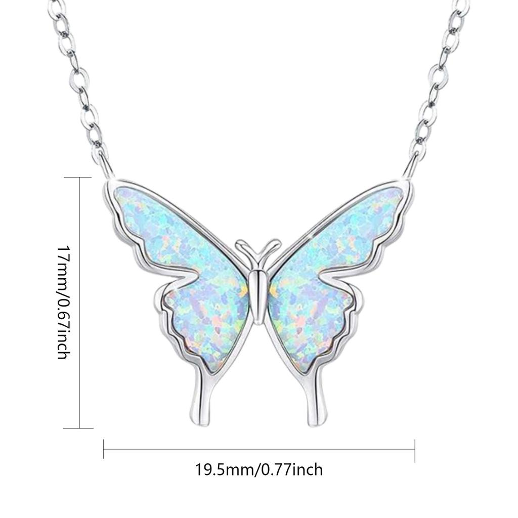 Iridescent Opal Butterfly Pendant Necklace with Silver Sweater Chain