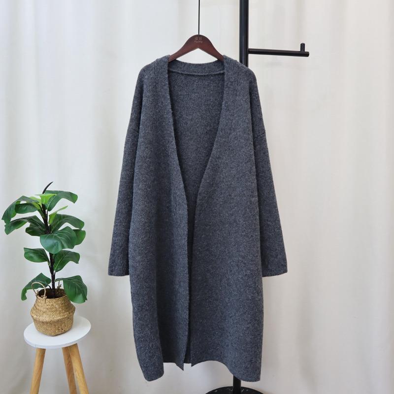 Autumn and Winter New Medium and Long Knitted Cardigan Women's Solid Color Loose Lazy Style Versatile Sweater Jacket