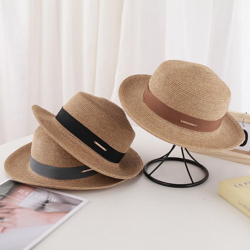 New French flat-top straw hat women's big head circumference seaside beach top hat woven sun-proof hat summer