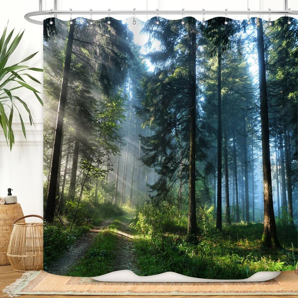 Trees Forest Sunlight Shower Curtain Straight Tall Trees Sunshine Attractive Nature Landscape Waterproof Fabric Bathroom Decor