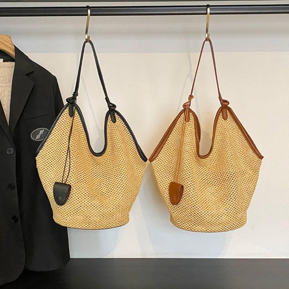 Parent Shoulder Bag Straw Woven Bag Tote Bagwith Sunglasses Clip Hollow Shoulder Bag  Travel