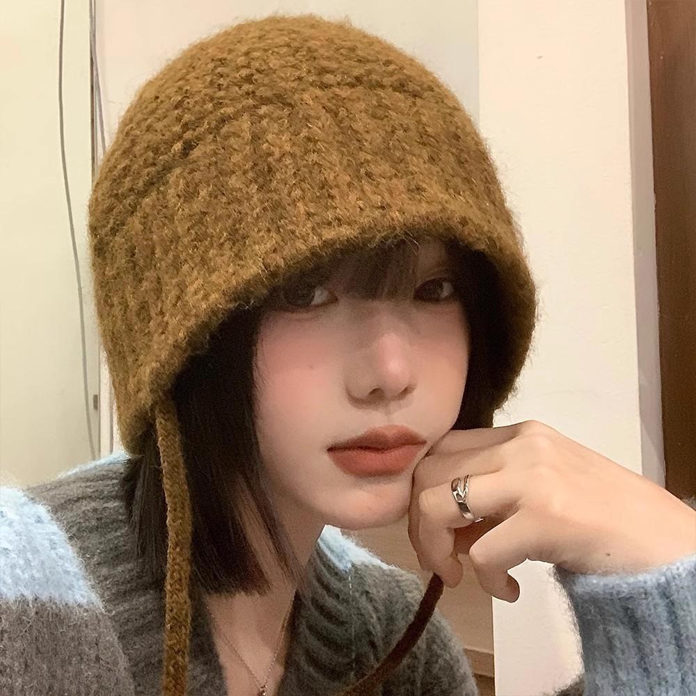 Maillard Knitted Bucket Hat Women's Autumn and Winter Ins Keep Warm and Show a Small Face, Cold-proof Coffee-colored Knitted Wool Hat Tide