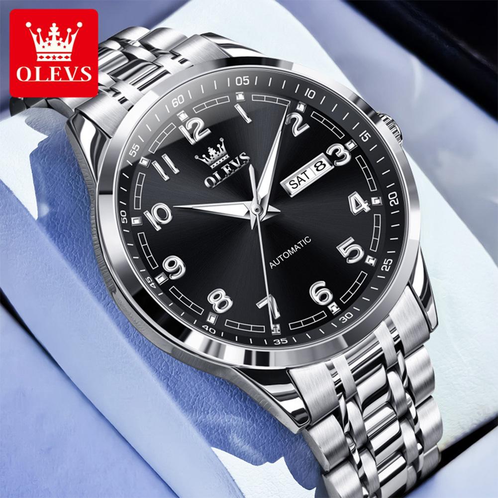 OLEVS New Automatic Watches for Man 7077 Digital Dial Steel Strap Dual Calendar Waterproof Mechanical Men's Business Wristwatch