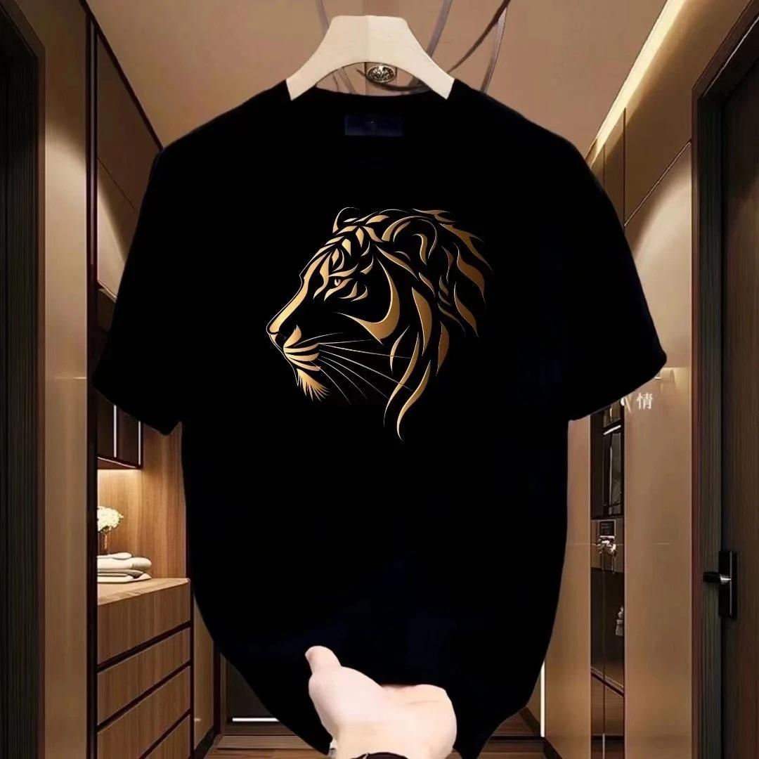 

Summer Round Neck Golden Tiger Head Printed Top Fashionable Casual Pure Cotton Short Sleeved Men s T-shirts S