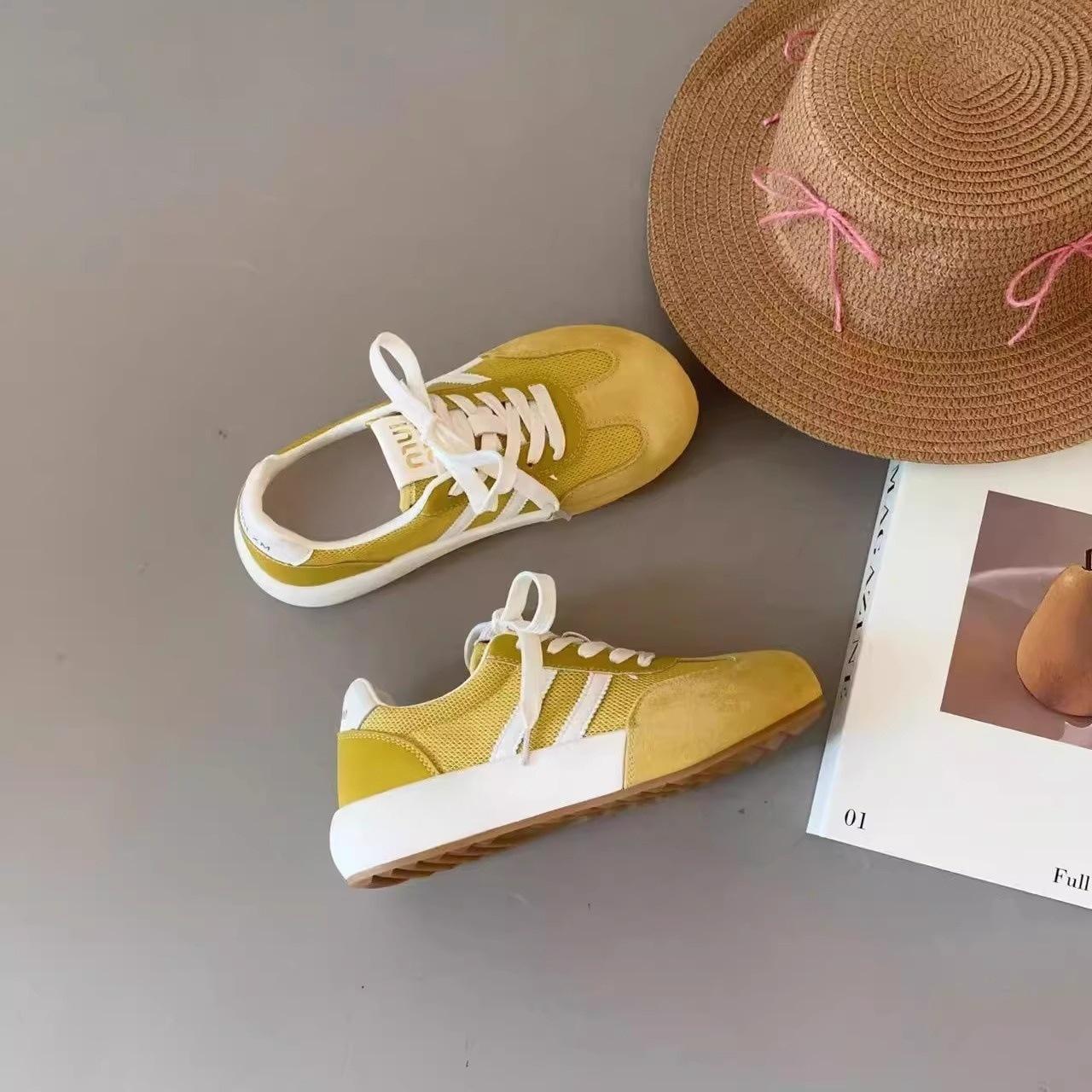 

Knock breathable! Retro leather mesh splicing platform training shoes women s versatile casual and lightweight round head lace-up board shoes 40