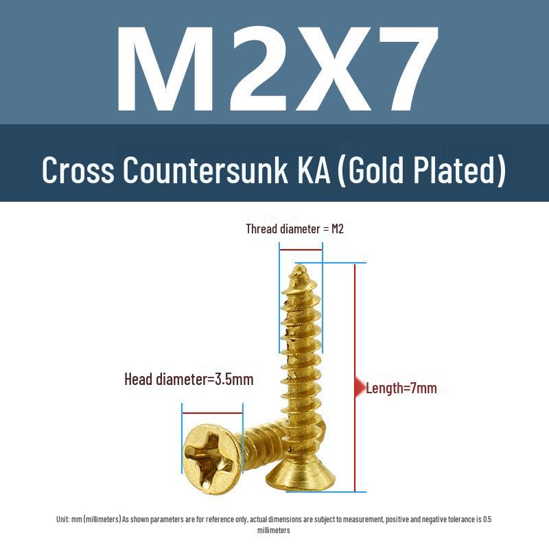 Yigu Gold-Plated Carbon Steel Self-Tapping Screws: Countersunk Head, Flat Head, Pointed Tail, Sizes M2-M4, Ideal for Electronics.