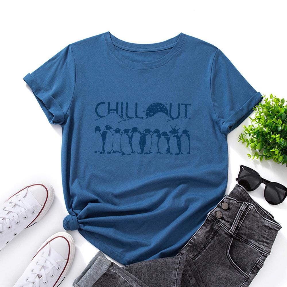 Penguin Cotton T-Shirt Short Sleeve Round Neck Women 2d Print Tops