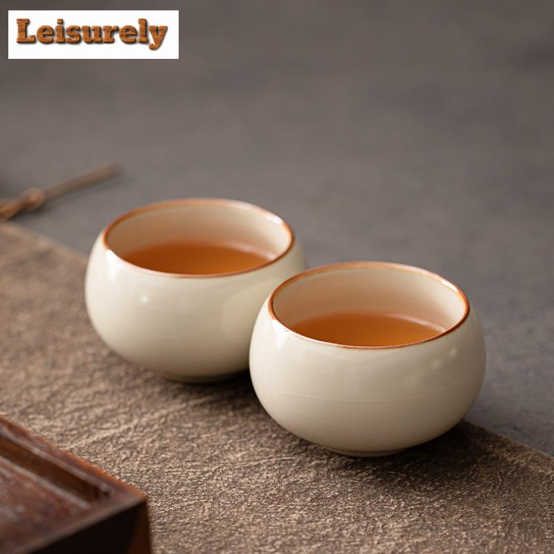 2pc/lot Cream Ru Kiln Porcelain Teacup Japanese Tea Bowl Teacup Fragrance Cup Jianzhan Master Cups Tea Items Accessories 90ml