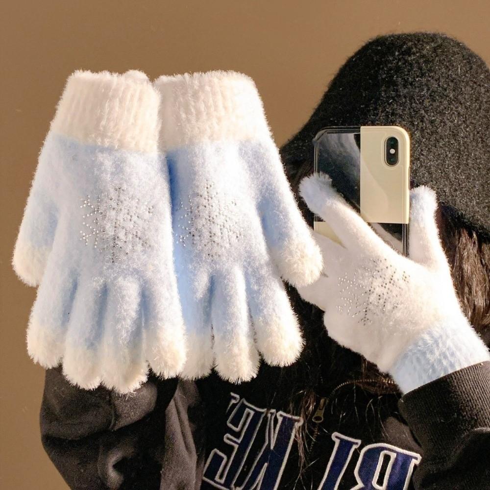 Rhinestone Snowflake Knitted Gloves Full Finger Thick Warm Winter Gloves  Cold Weather